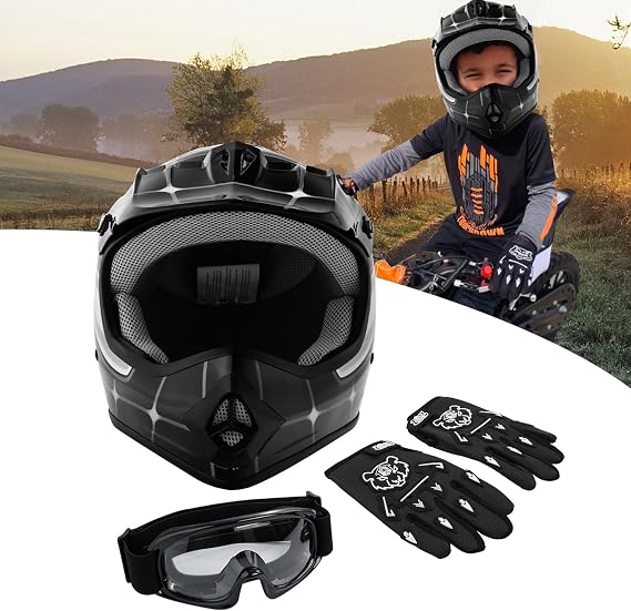 DOT Youth Helmet+Goggles & Gloves Motocross Net Street Dirt Bike ATV Helmet Gloves Googles (Kids Black Spider, S)