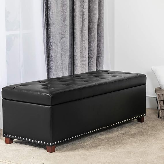 Storage Ottoman With Wooden Legs - Upholstered Bench for Bedroom, Living Room Furniture - Rectangle End of Bed Ottoman