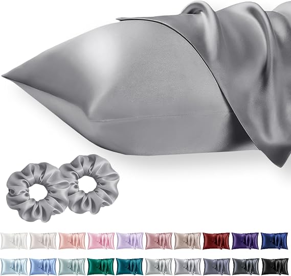 Vielit King Satin Pillowcase for Hair 2pc,Similar to Silk Pillow Cases,Easier Care Than Silk Pillowcase Gifts for Women Men,Grey,20x36 & Envelope Closure and 2 Satin Scrunchies