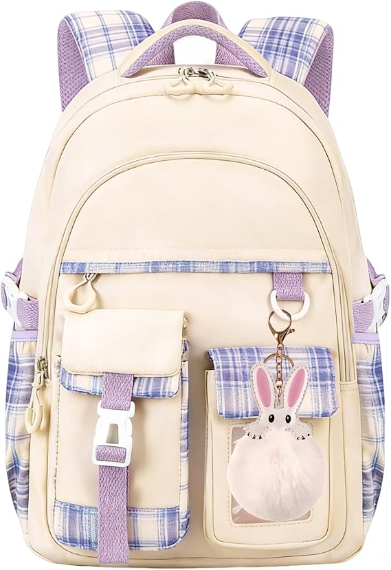 KEBEIXUAN School Bags for Girls, Kawaii Kids Primary School Backpack for Girls Age 6-12, Aesthetic Water-Resistant Plaid Rucksack (Beige)