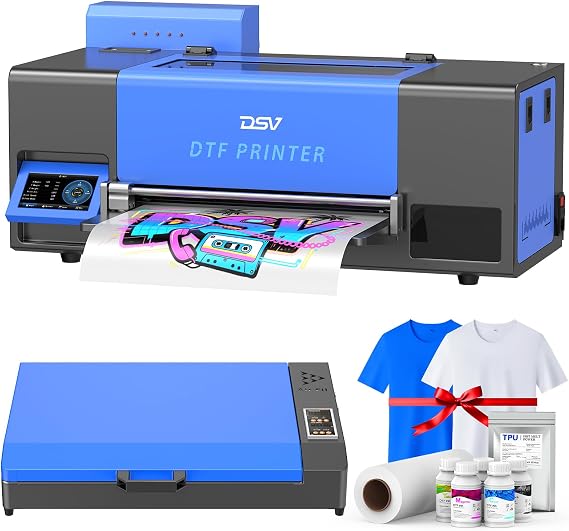 DSV A3 Plus XP600 DTF Printer, 2X Speed Compared to L1800/L805 DTF Machine, 4.5" LED Foldable Screen, White Ink Circulation & Auto-Cleaning (Blue, Printer+Oven)