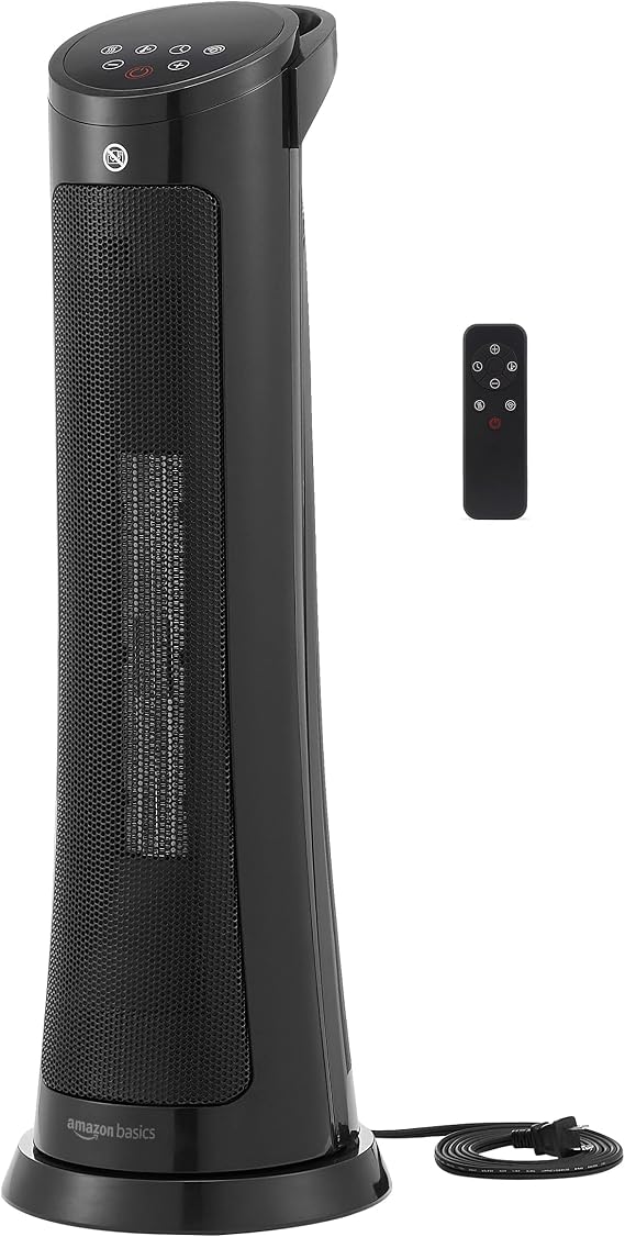Amazon Basics 28-Inch Oscillating Tower Heater With Overheat and Tip-Over Protection, Fast Heating, 2 Heat Settings, Fan Mode, Timer, Remote Control, LED Display, 1500W, 9.4"D x 9.4"W x 28.6"H, Black
