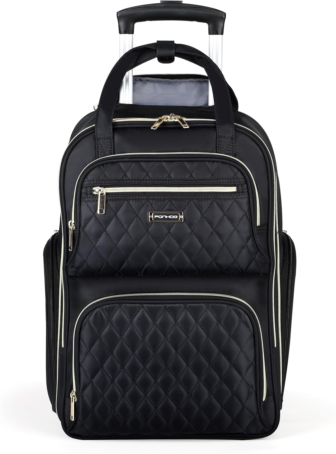 Ponhog Rolling Laptop Travel Backpack with Wheels for Women - 15.6 Inch Laptop Wheeled Backpack, Carry on Trolley Suitcase Black Computer Bag for Adults Business College Work Overnight