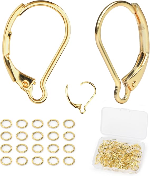 100pcs Leverback Earring Hooks 18K Gold Plated with 90 Jump Rings