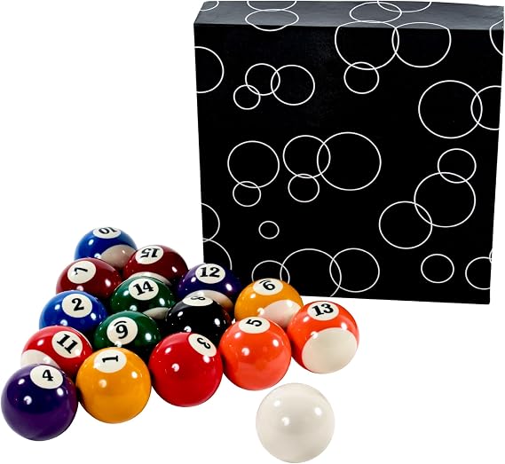 Barrington Billiards 16-Piece Pool Ball Set 2-1/4 Inch Complete Regulation Set, 7 Solid, 7 Striped, 1 Black Eight-Ball, 1 White Cue Ball, Durable Scratch Resistant, Perfect Recreational Billiards Set