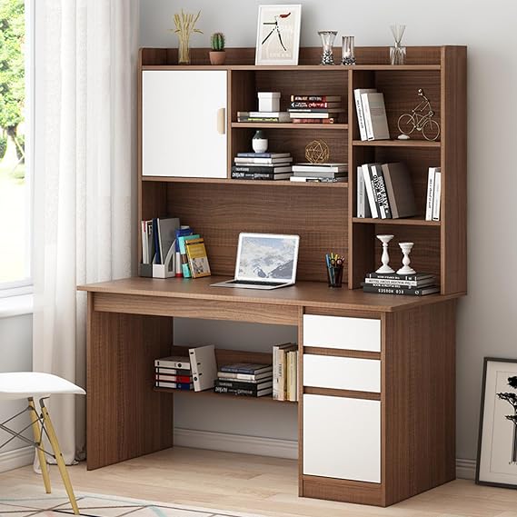 desk,Wooden Computer Desk with Bookshelf and Hutch, Large Home Office Writing Desk with Drawer and Storage Shelf, Modern Laptop PC Desk,Space-Saving Workstation Desk for Living Room Bedroom