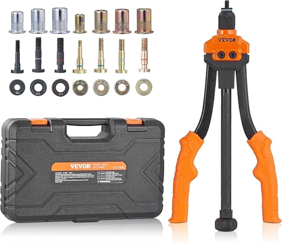 VEVOR Rivet Nut Tool, 14 in Rivnut Tool Kit with 7 PCS Metric and SAE Mandrels, 70 PCS Assorted Rivet Nuts, 10-24, 1/4-20, M6, 5/16-18, M8, 3/8-16, M10, with Rugged Carrying Case, for DIY, Repairs