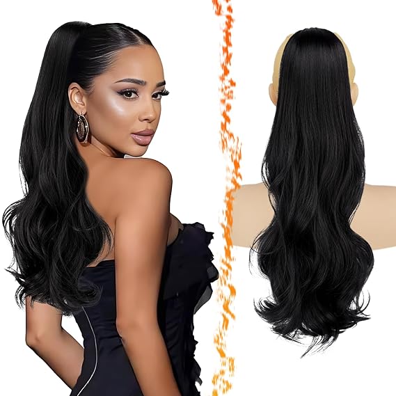 BARSDAR Black Straight Drawstring Ponytail Extension + Wavy Drawstring Ponytail Extension