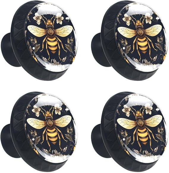 4 PCS Aesthetic Bees Cabinet Knobs, Bathroom Drawer Pulls Handles, Round Dresser Knobs Door Knobs for Kitchen Cupboard Nursery Wardrobes