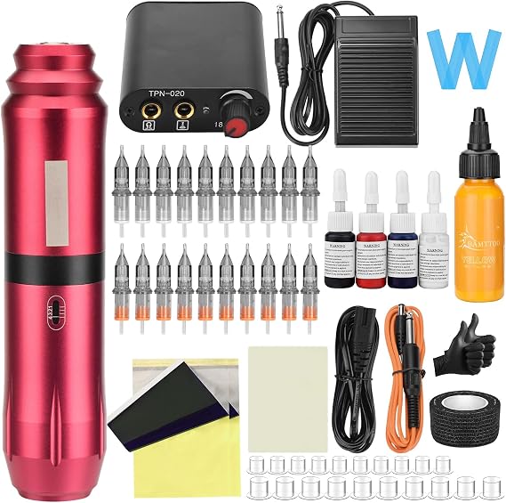 Complete Tattoo Kit for Beginners: Rotary Tattoo Machine Kit Tattoo Needle Cartridge Ink Set Power Supply Tattoo Pen Red