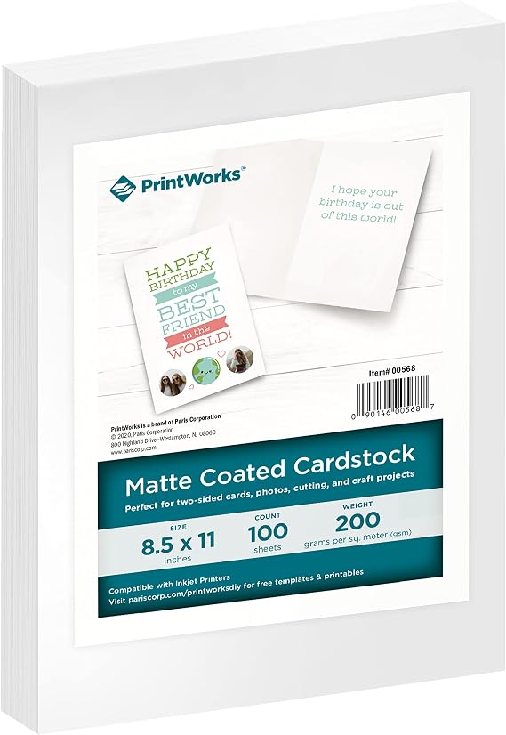 PrintWorks White Matte Cardstock 8.5" x 11" - 100 Sheets - 200 gsm Paper/110 lb Cardstock - Prints Like Matte Photo Paper - Ideal for School & Crafts - Photo Card Stock Made in the USA (00568)