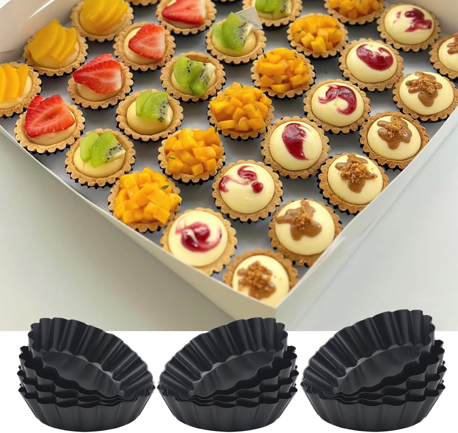 Yamteck 3 Inch Mini Tart Pans 12 Pack, Round Egg Tart Molds with Removable Bottom. Small Quiche Pans wNon-Stick Coating Rugged Carbon Steel for Tartlets Shells Desert Making Christmas Festival Party