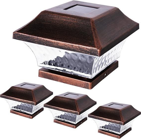 SUNWIND Solar Post Cap Lights Outdoor 4x4 LED Solar Garden Lighting Deck Fence Cap Light Wooden Post Brushed Copper 4 Pack