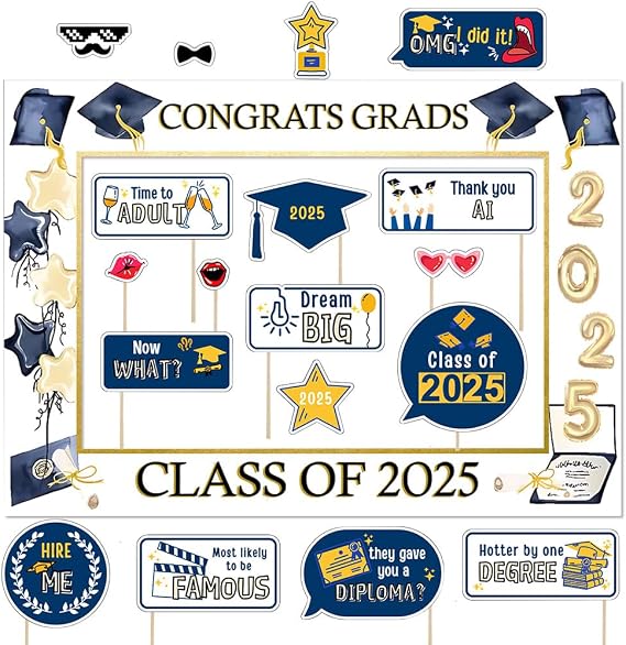 Graduation Selfie Photo Booth Frame with 18Pcs Props, Blue Gold Congrats Photo Booth Frame with Support Cardboard for Graduation Party Supplies, 2025 Large Grad Party Pose Sign