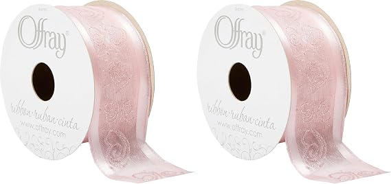 Berwick Offray 148332 1.5" Wide Sheer Edge Satin Craft and Decorative Ribbon, 9-Foot Spool, Pink Swirl Hearts (Pack of 2)