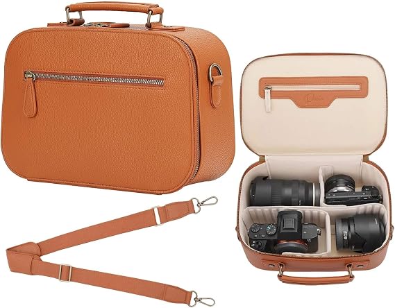 Camera Sling Bag, Waterproof PU Leather Crossbody Camere Bag for Photographers, Small Shockproof Case with Removable Dividers for DSLR/SLR/Mirrorless, 5L Brown