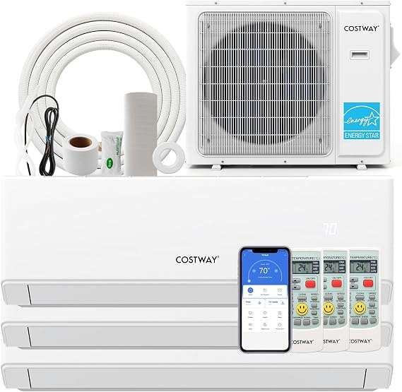 COSTWAY 30k Tri 3 Zone Mini Split Air Conditioner, 23 SEER2, 7k+7k+7k BTU, 208-230V, Wifi Enabled Multi Zones Mini Split AC Heat Pump Full Set, Ductless Energy Star