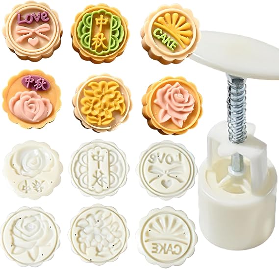Moon Cake Stamps Cookie Mold Chinese Mid-autumn Festival DIY Hand Press 6Pcs 50g Cookie Stamps Pastry Mooncake Dessert Make Accessories Tool for Flower Moon Cutter Cake Baking Decoration