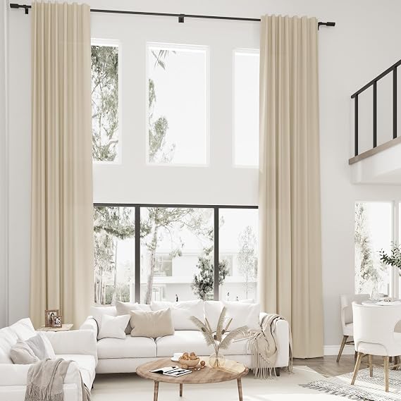 Beige Tan Linen Extra Long Curtains 132 inches Long for Living Room Bedroom Back Tab Privacy Semi Sheer Boho Modern Farmhouse Light Filtering Curtain for 2 Story Large Window 1 Panel, W52xL132