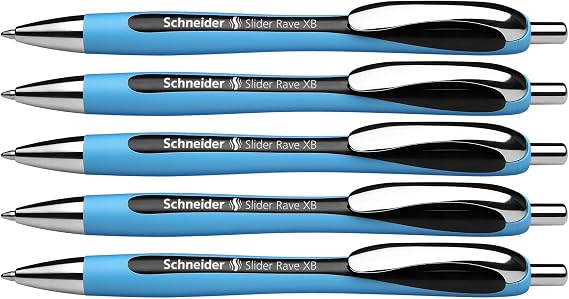 Schneider Slider Rave XB (Extra Broad) Ballpoint Pen, Refillable + Retractable, 1.4 mm, Light Blue Barrel, Black Ink, Box of 5 Pens (132501)