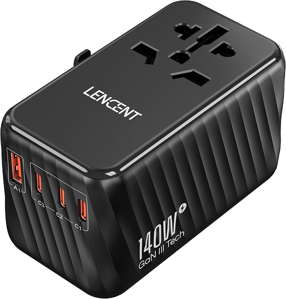 LENCENT 140W Universal Travel Adapter, International Plug Adaptor, Black | GaN Fast Charger with 3 Type C+1 USB A, All in One Travel Essentials, Worldwide Outlet Converter for US to European EU UK AUS