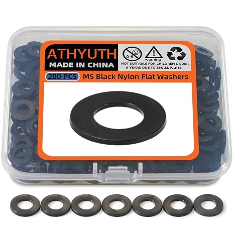 M5 Black Nylon Washers, 5mm ID, 10mm OD, 1mm Thickness, Plastic Flat Round Washers, 200 Pieces Nylon Washer Hardware Set