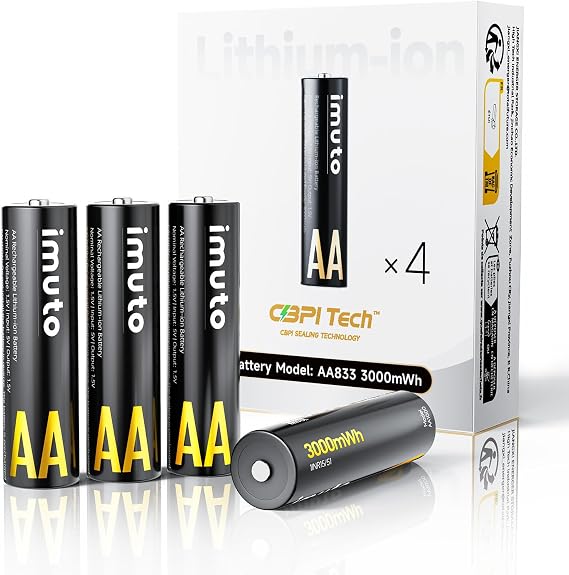 imuto Rechargeable AA Lithium Battery, 4 Pack 3000mWh High Capacity 1.5V Double A Li-ion Battery, Recharge up to 1600x Times
