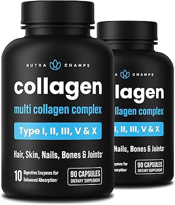 NutraChamps Multi Collagen Pills, Types I,II,III,V,X, Double Hydrolyzed Collagen Peptides Powder Capsules, Protein Supplement for Women & Men, 180 Capsules Pack of 2