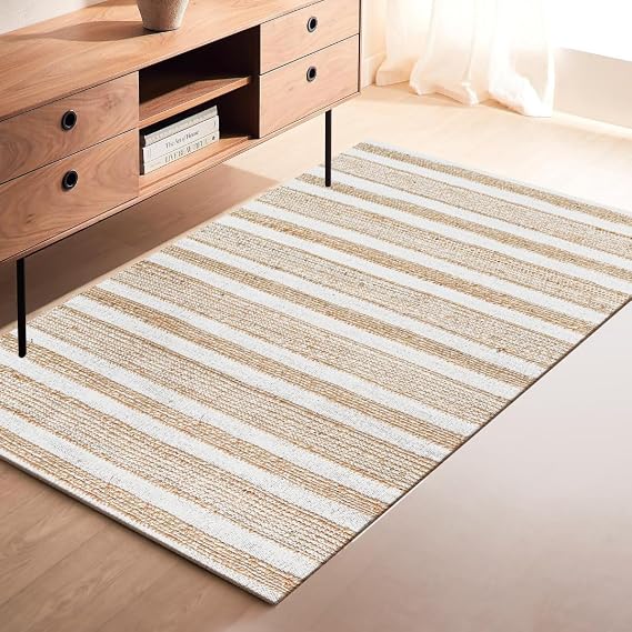 Area Rug Farmhouse 3x5 Feet - Hand Woven Jute Cotton Rug Bohemian Rustic Vintage - Non Slip Floor Rug for Bedroom Living Room Kitchen Dorm Entryway Hallway - Area Rug Natural White