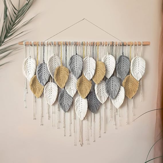 RXRENXIA Large Macrame Wall Hanging Boho Woven Tapestry Leaf Feather Chic Home Decor Modern Bohemian Handmade Leaves Wall Art Decorations for Apartment Dorm Living Room Bedroom Nursery Backdrop,Beige