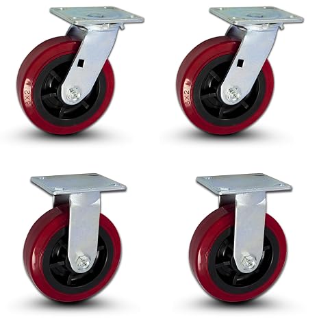 CasterHQ 6"x2" Caster Set: 3600 lbs, 2 Swivel & 2 Rigid, Red Polyurethane/Black Core, 4-Pack for Toolboxes & Equipment