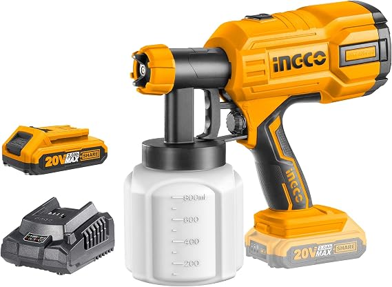 INGCO Cordless Spray Gun, 20V Lithium-Ion Paint Sprayer, 800ml | 600 Ml/min | 40DIN-s Paint Machine with 1pcs 2.0Ah Battery Pack, 1* Fast Charger, Electric Spray Gun for Wall, Ceiling, Fencing