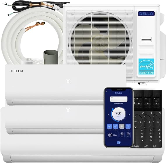 Della 35K BTU ODU 19 SEER2, 3 Zone 9K 12K 24K BTU 208-230V, Cools Up to 2450 Sq.Ft, Works with Alexa and Wifi, Energy Efficient, Mini Split AC, Pre-Charged Heat Pump, 16ft Installation Kits