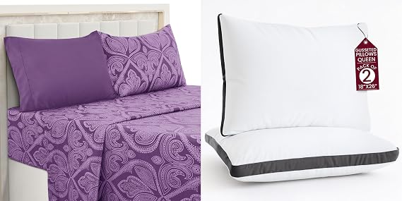 LUX Decor Paisley Twin XL Sheet Set + 2 Queen Gusseted Pillows 4 Piece Ultra-Soft Microfiber Bed Sheets with Flat Sheet, 16 Inch Deep Pocket & Pillowcases, Breathable, Oeko-TEX Purple