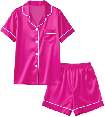 BINPAW Girls Pajama Set Silk Pajamas Satin Pjs Short Sleeve Sleepwear
