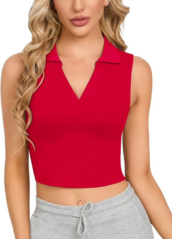 CLOZOZ Womens Tank Tops Polo Crop Top V Neck Ribbed Sleeveless Tops Collar Shirts Womens Crop Tops Polo Cropped Tank Trendy Red