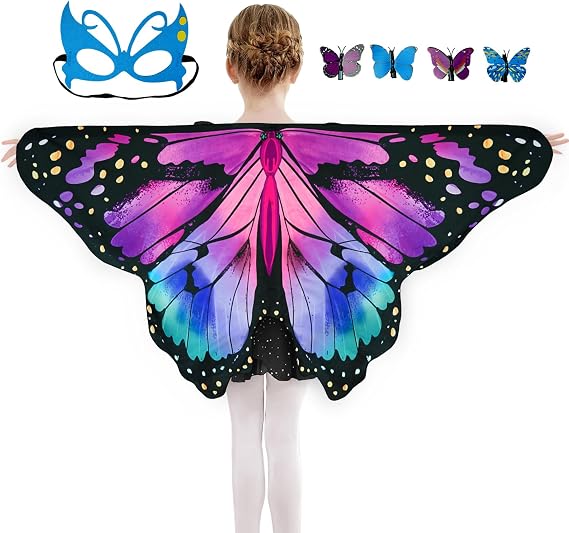 Sunlisky Kids Butterfly Costume for Girls Butterfly Wings Cape Set with Mask Hair Clips Halloween Cosplay Dress Up 4 to 9