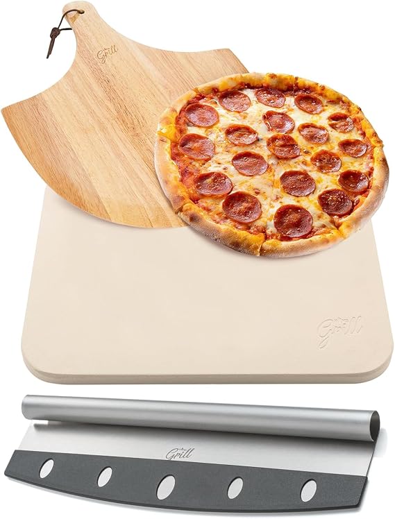 HANS GRILL Rectangular Pizza Stone & Pizza Cutter Rocker | Pizza Stone For Oven & BBQ Grilling With Free Wooden Peel 15 x 12" + Large Pizza Slicer 14" Stainless Steel With Safety Cover Dishwasher Safe