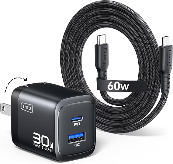 INIU Mini USB C Charger, 30W GaN Fast Charging ETL Certified Wall Adapter Block with Smart Phone Protection, Dual Port with 5ft Type C Cable for iPhone 17 iPad Samsung Google Switch etc [1-Pack Black]