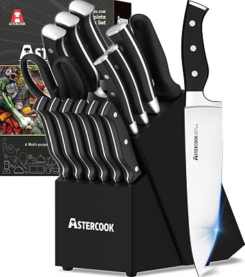 Knife Set, Astercook 15 Pieces Knife Sets for Kitchen with Block Triple Rivet High Carbon Stainless Steel Kitchen Knife Set with Sharpener, Dishwasher Safe, silver