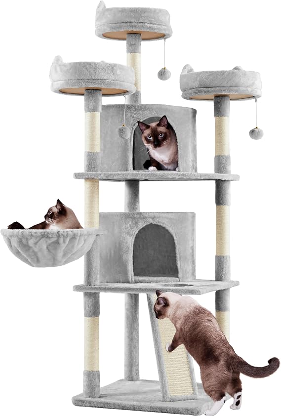 Yaheetech 175 cm Cat Tree with 7 Sisal Scratching Posts, Light Grey