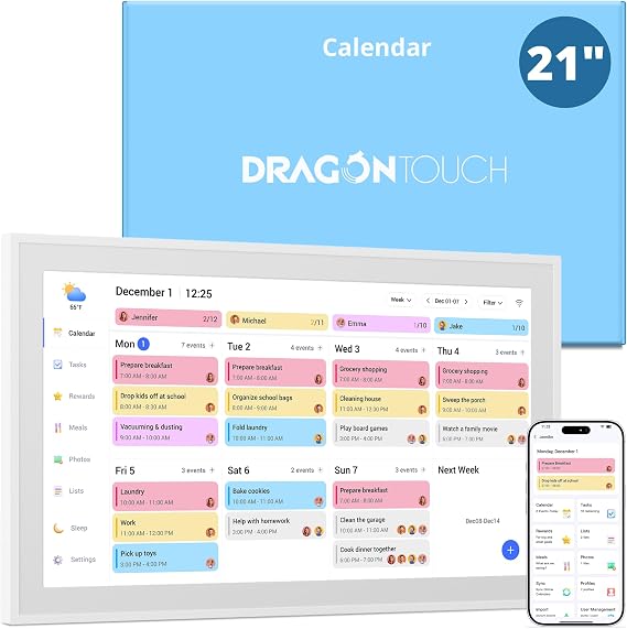 Dragon Touch 21.5 inch Digital Calendar Chore Chart Interactive Touchscreen, Smart Family Planner, Hearth Display Desk Digital Calendar Seamless Scheduling