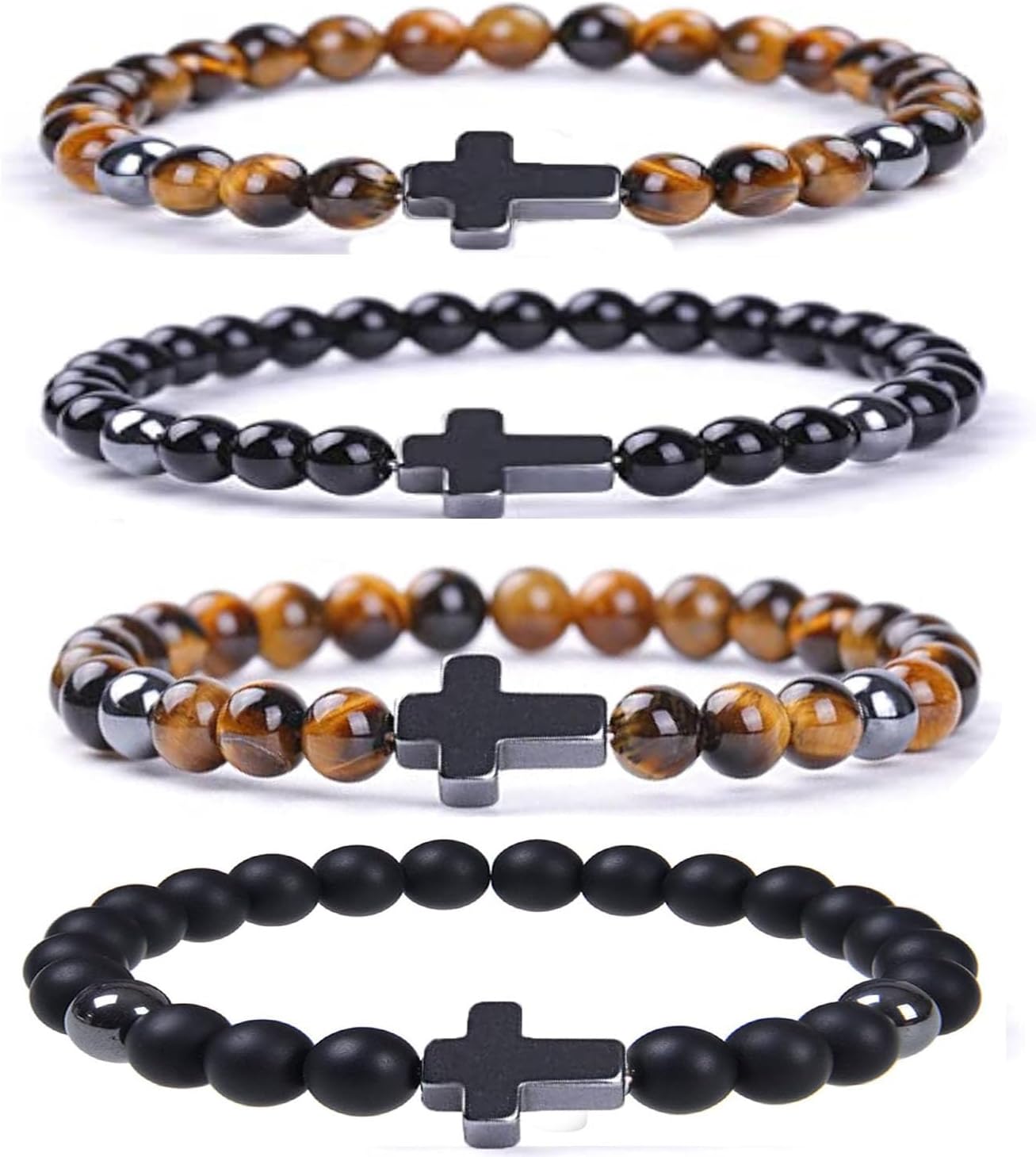 Cross Bead Bracelet for Men Women,8mm Tiger Eye, Lava Rock, Black Obsidian Healing Crystal Beaded Bracelets,Natural Protection Stone Bracelets Jewelry Gifts for Men Women