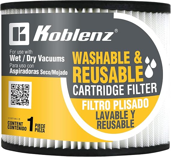 Koblenz 45-11169-00-7 Washable Cartridge Filter | Fits 5- Wet-Dry-Blow Vacuum Tanks, Easy to Install, Long-Lasting, For Home and Kitchen, Powerful Motor, For Everyday Use
