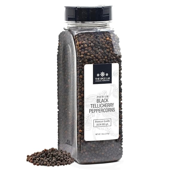 The Spice Lab Black Tellicherry Peppercorns for Grinder, 18 oz Tub | Steam Sterilized Kosher Non-GMO All Natural Black Pepper - Packed in the USA - Resealable Bag for Pepper Mill Refill