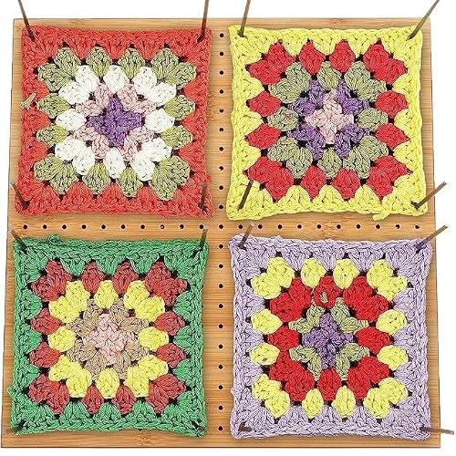 Catekro 11.4x11.4 Inch Bamboo Crochet Block Board Crochet Accessories Plate Steel Needle Knitting Square Board Crochet Gifts for Mom and Grandma Crochet Hooks Set with 20 Pegs