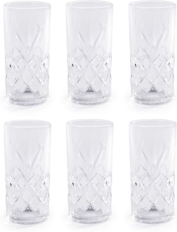 350ml Crystallised Glasses - Set of 6 | Highball Hi Ball Tumblers | Crystal Drinking Glasses | For Cocktails & Soft Drinks | Vintage Glassware | M&W