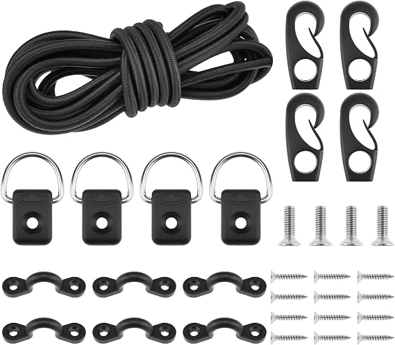 SDTC Tech Kayak Deck Rigging Kit 9.8 Feet Bungee Cord with 4 Bungee Cord Ends Hooks & 4 D-Rings and 6 Tie Down Pad Eyes
