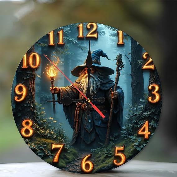 Fantasy Wizard Clock with Illuminated Numbers10-Inch Wooden Wall Clock, Silent Movement, Artistic Home Decor, Perfect for Home Accents
