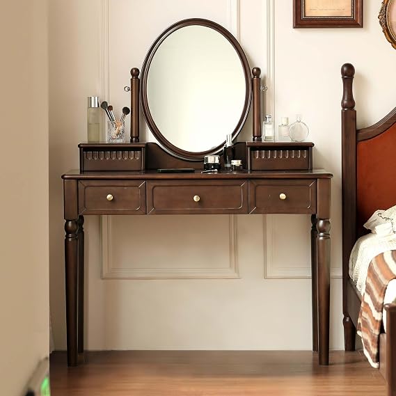 Solid Tulipwood Vintage Dressing Table with Mirror and 5 Drawers Storage